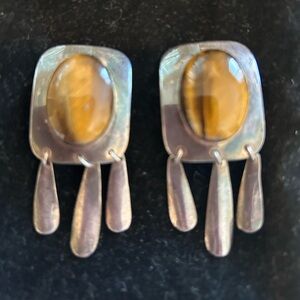 Vintage Silver with Brown polished stone clip on earrings.